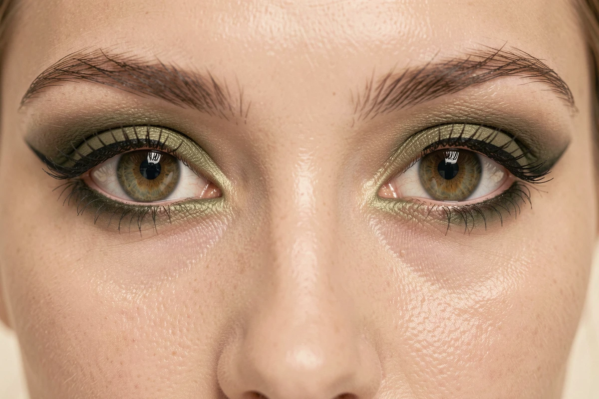 Gros plan sur des yeux hazel maquillés en smoky vert olive et forêt profonde révélant les nuances vertes, brunes et dorées de l'iris