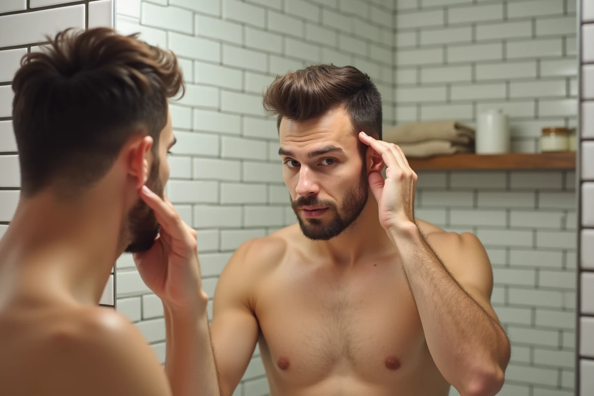 Homme appliquant une pâte coiffante sur cheveux fins devant le miroir de sa salle de bain