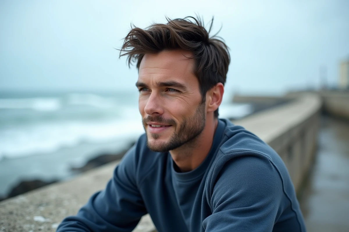 Homme aux cheveux courts texturés avec du spray sel de mer assis sur un muret en béton au bord de la mer