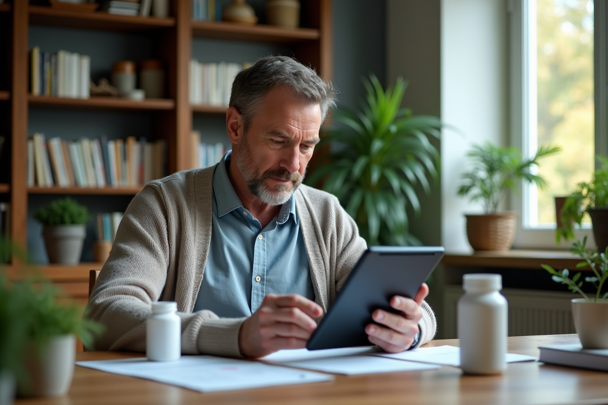 Homme comparant des produits de parapharmacie sur une tablette