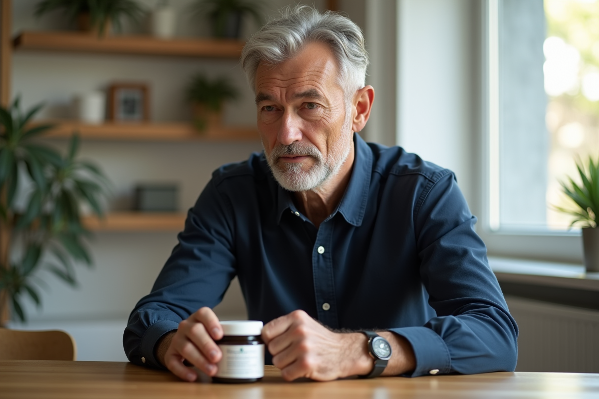 Homme regardant un pot de crème anti-âge dans un salon