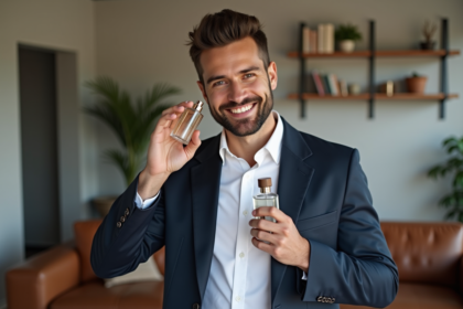 Homme élégant appliquant un parfum dans un salon moderne