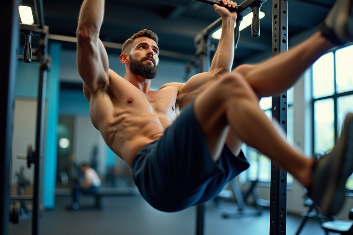 Homme musclé faisant des abdos suspendu en salle de sport
