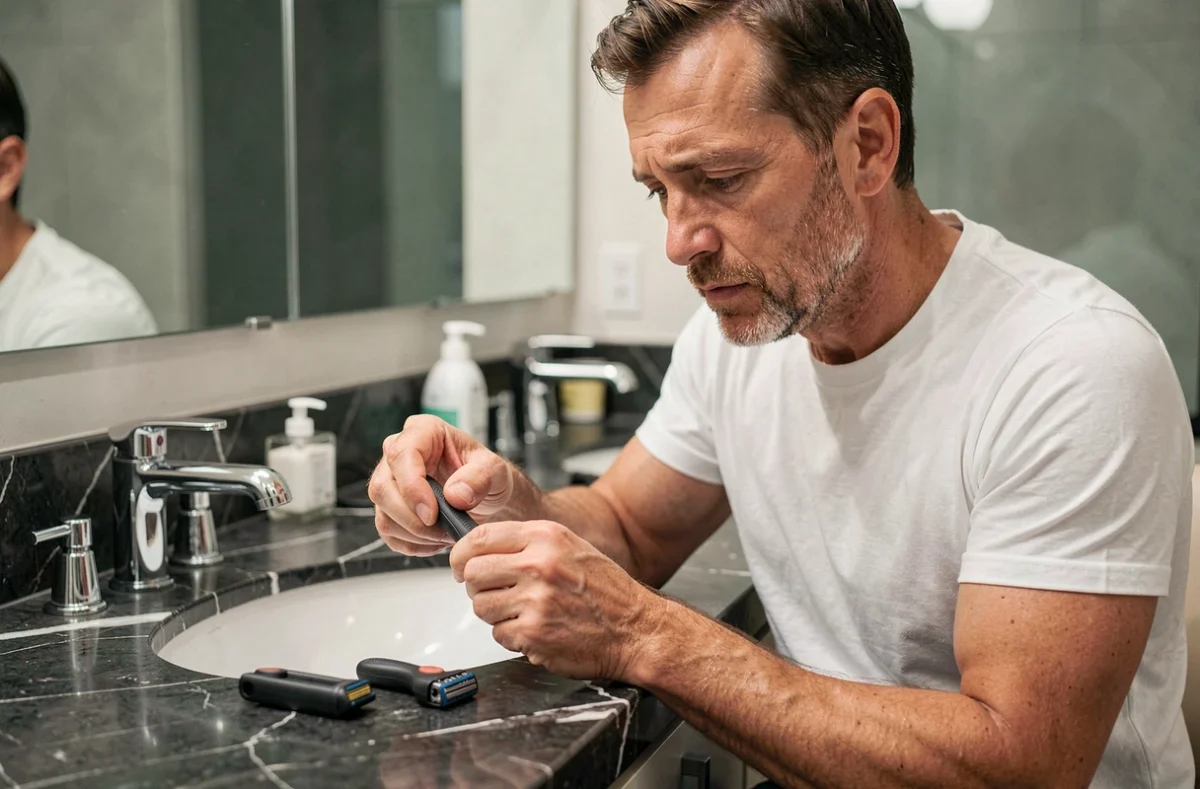 Homme en salle de bain inspectant la compatibilité entre une ancienne lame et un rasoir OneBlade 360 moderne