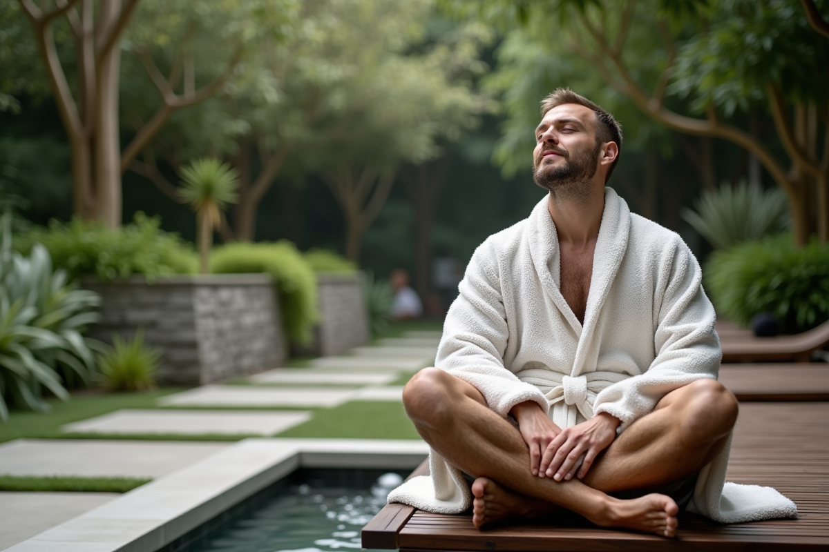 Homme détendu dans un jardin spa extérieur