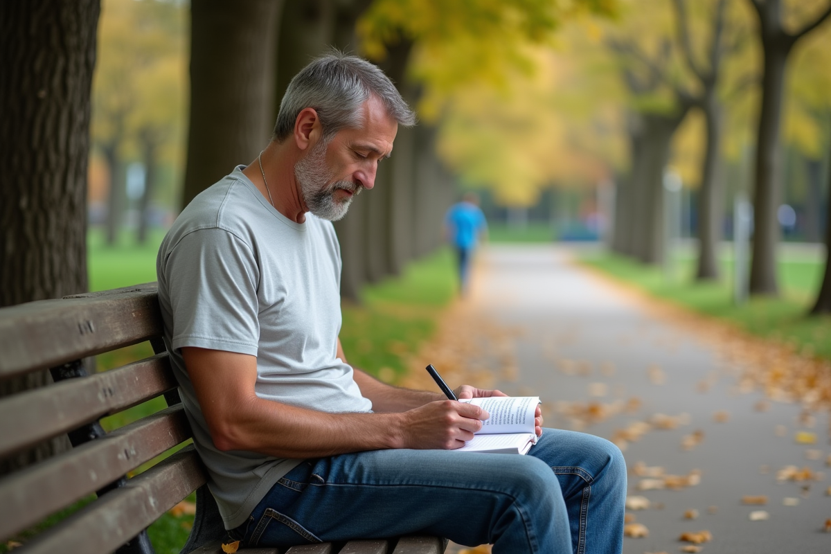 Homme écrivant dans un journal au parc en automne