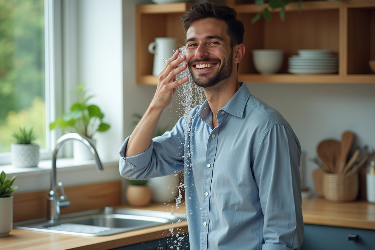 Homme se lavant le visage dans une cuisine lumineuse