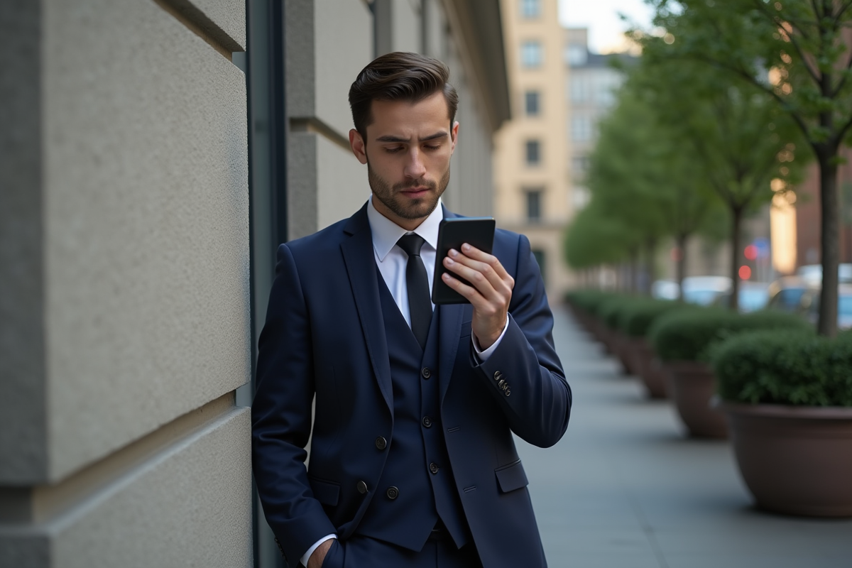 Homme en costume ajusté se maquillant en extérieur urbain