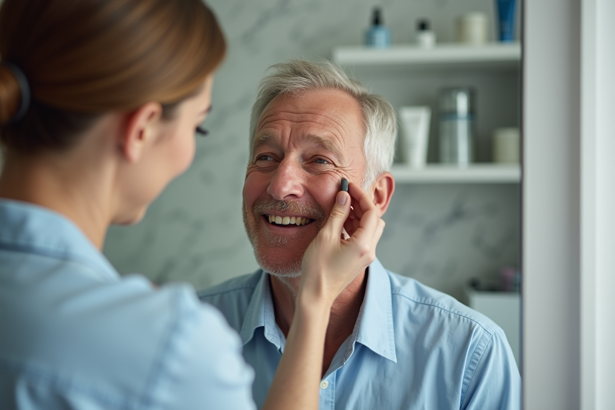 Homme souriant recevant un soin maquillage visage
