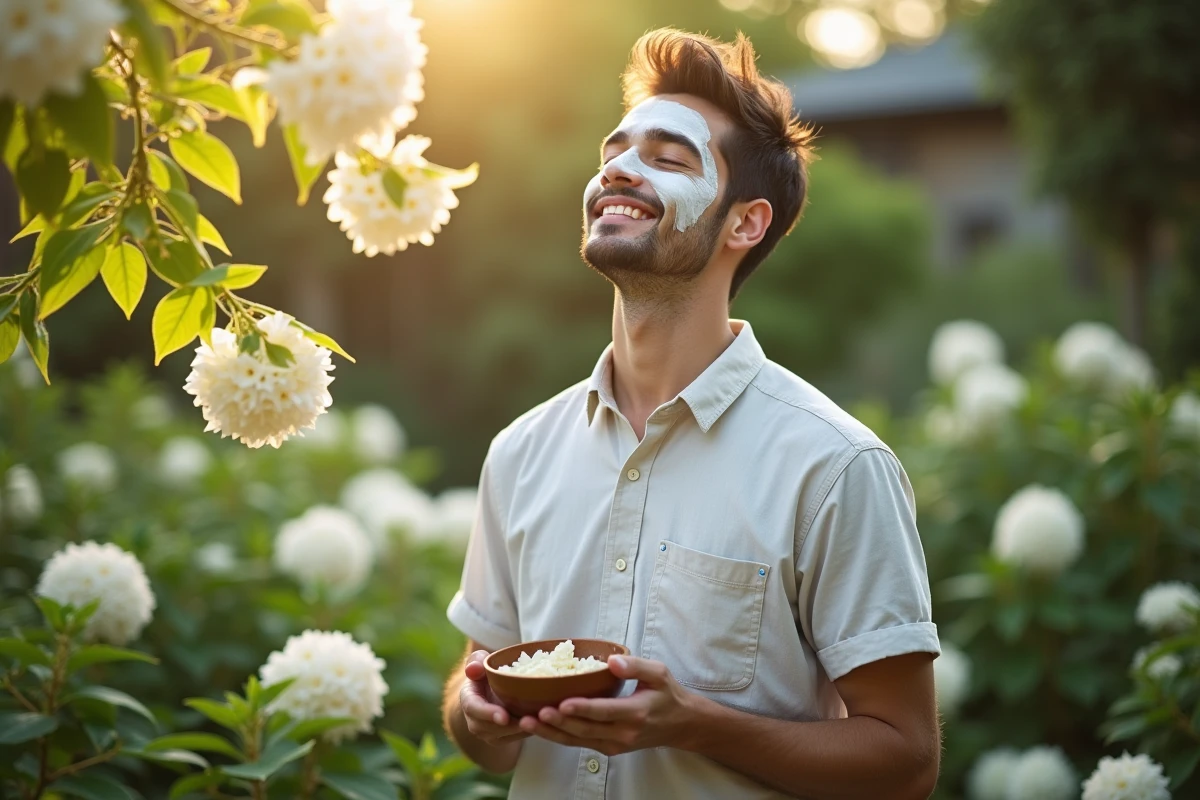 Homme appliquant un masque au jasmin dans un jardin