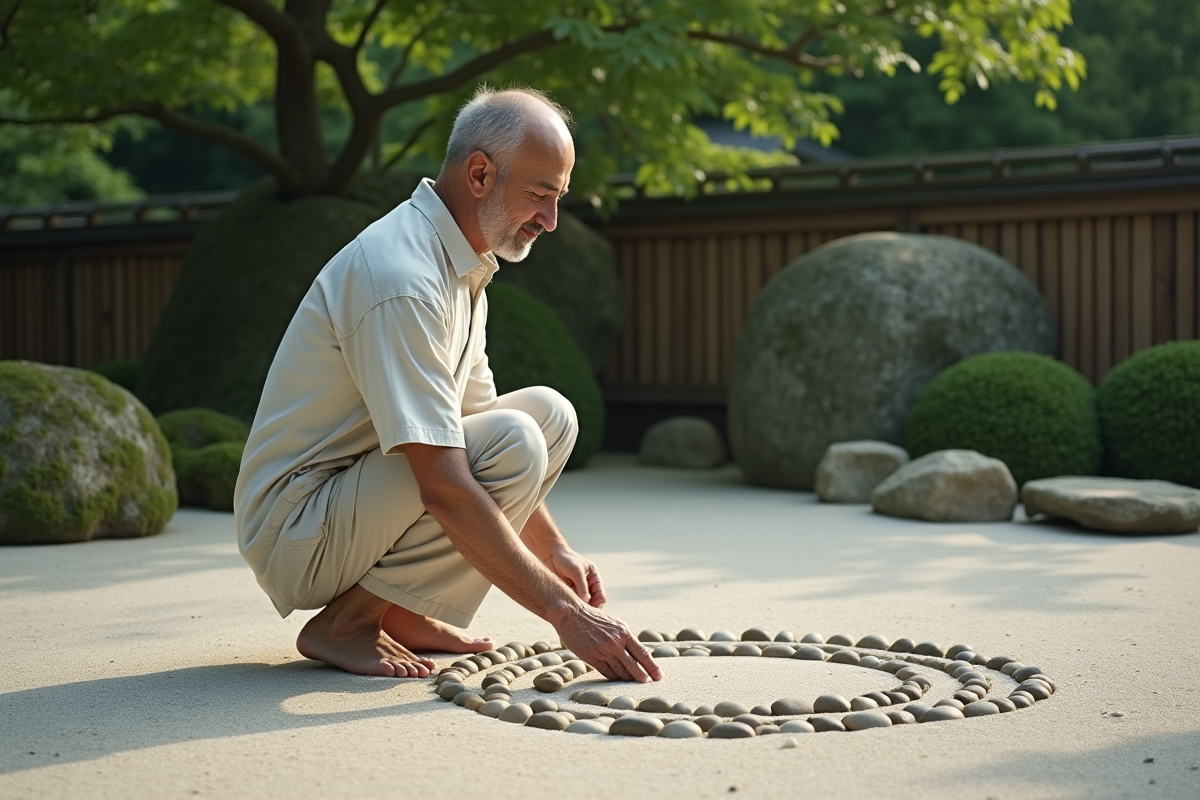 Homme méditant dans un jardin japonais serein