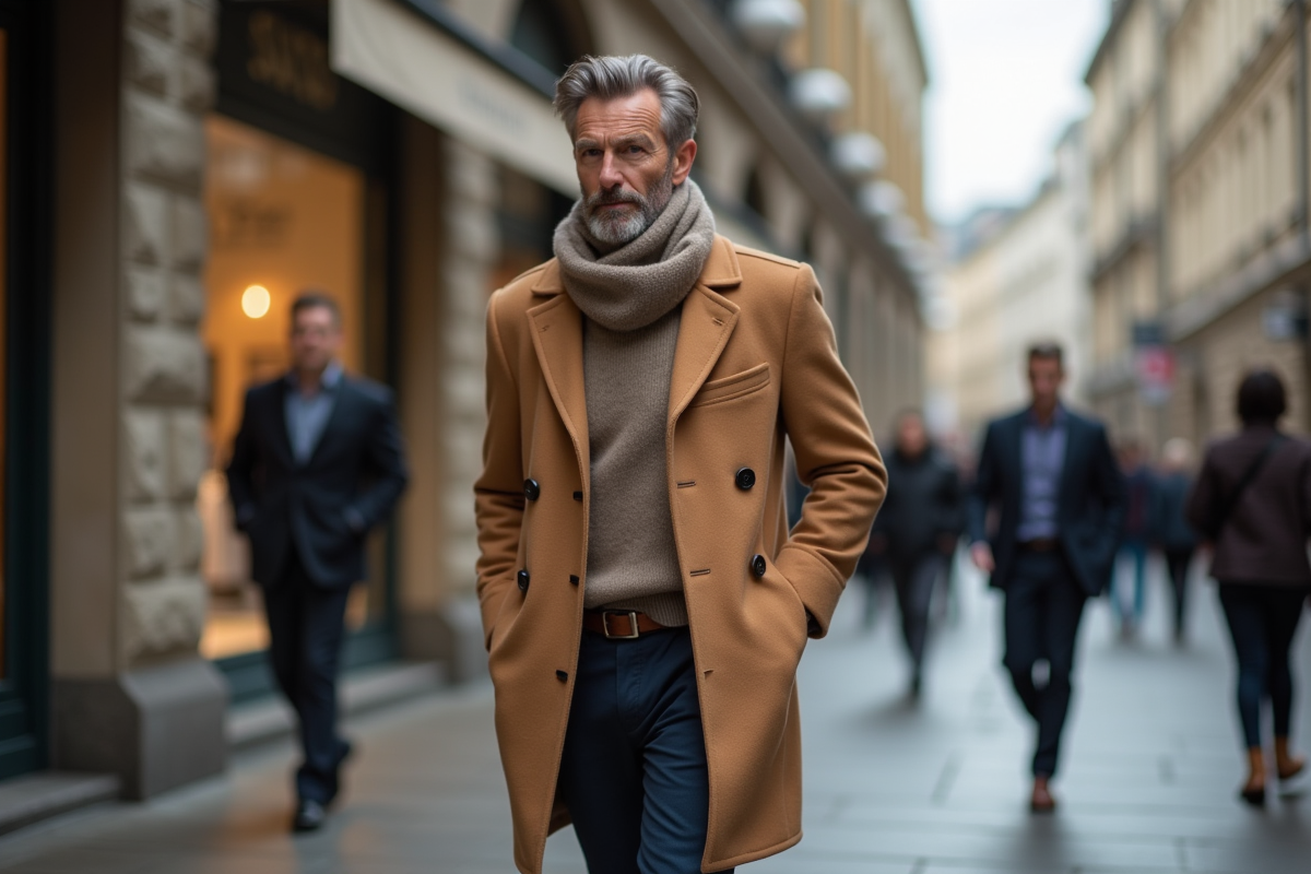 Homme mature en manteau camel marchant en ville