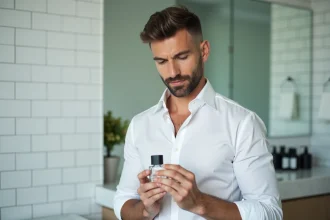 Homme tenant un flacon de parfum Lidl dans une salle de bain moderne et épurée
