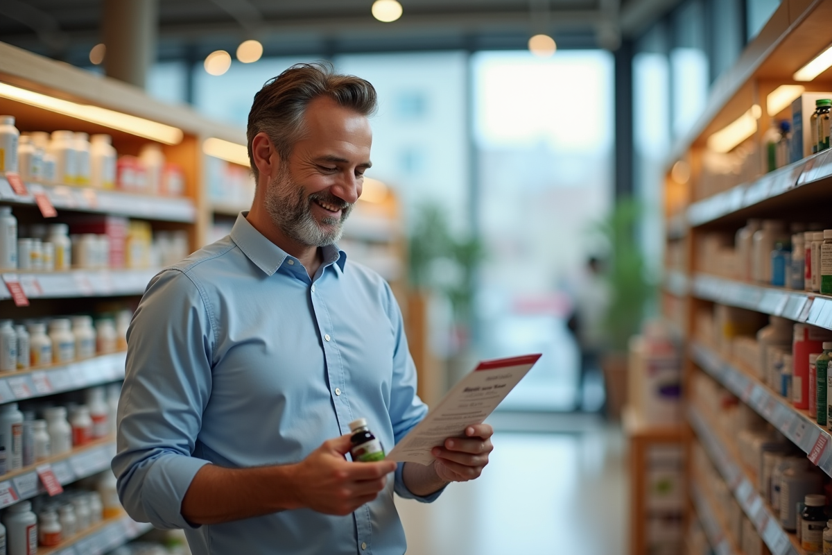 Homme lisant une brochure en pharmacie avec compléments