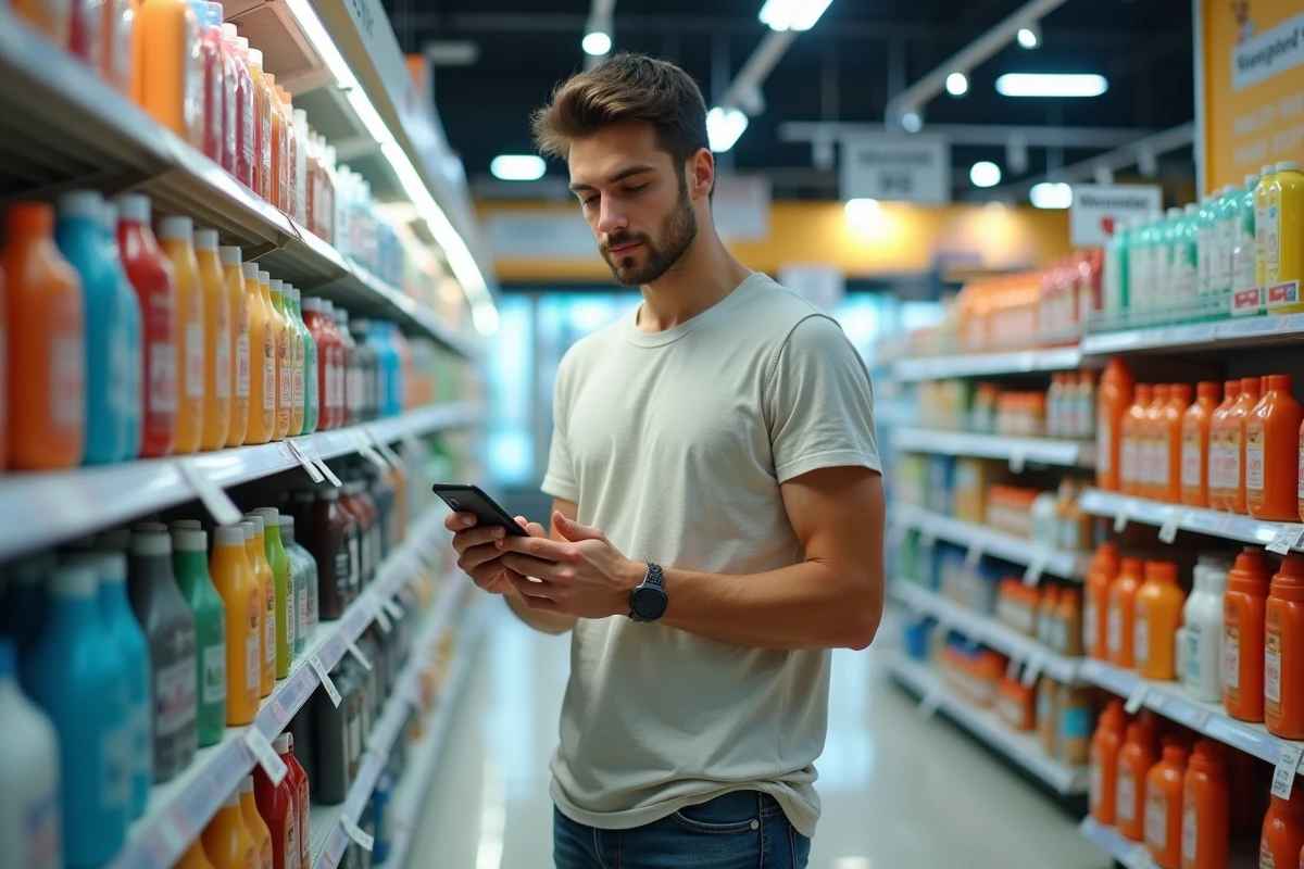 Jeune homme dans un supermarché regarde les produits capillaires