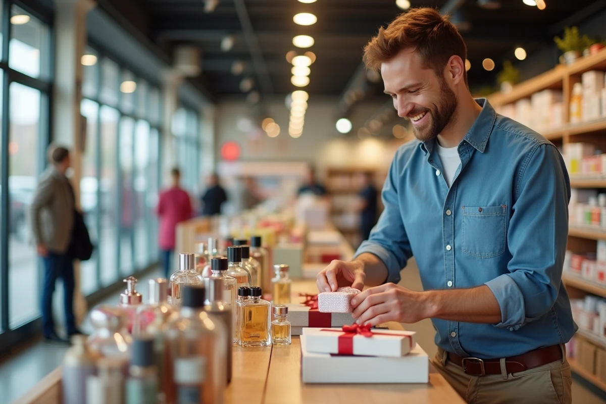 Jeune homme arrangeant parfums dans un supermarché convivial