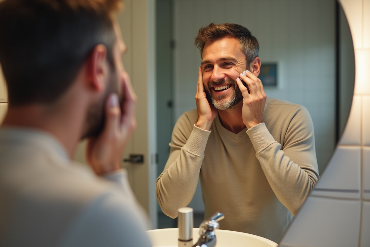 Homme appliquant une creme visage dans sa salle de bain