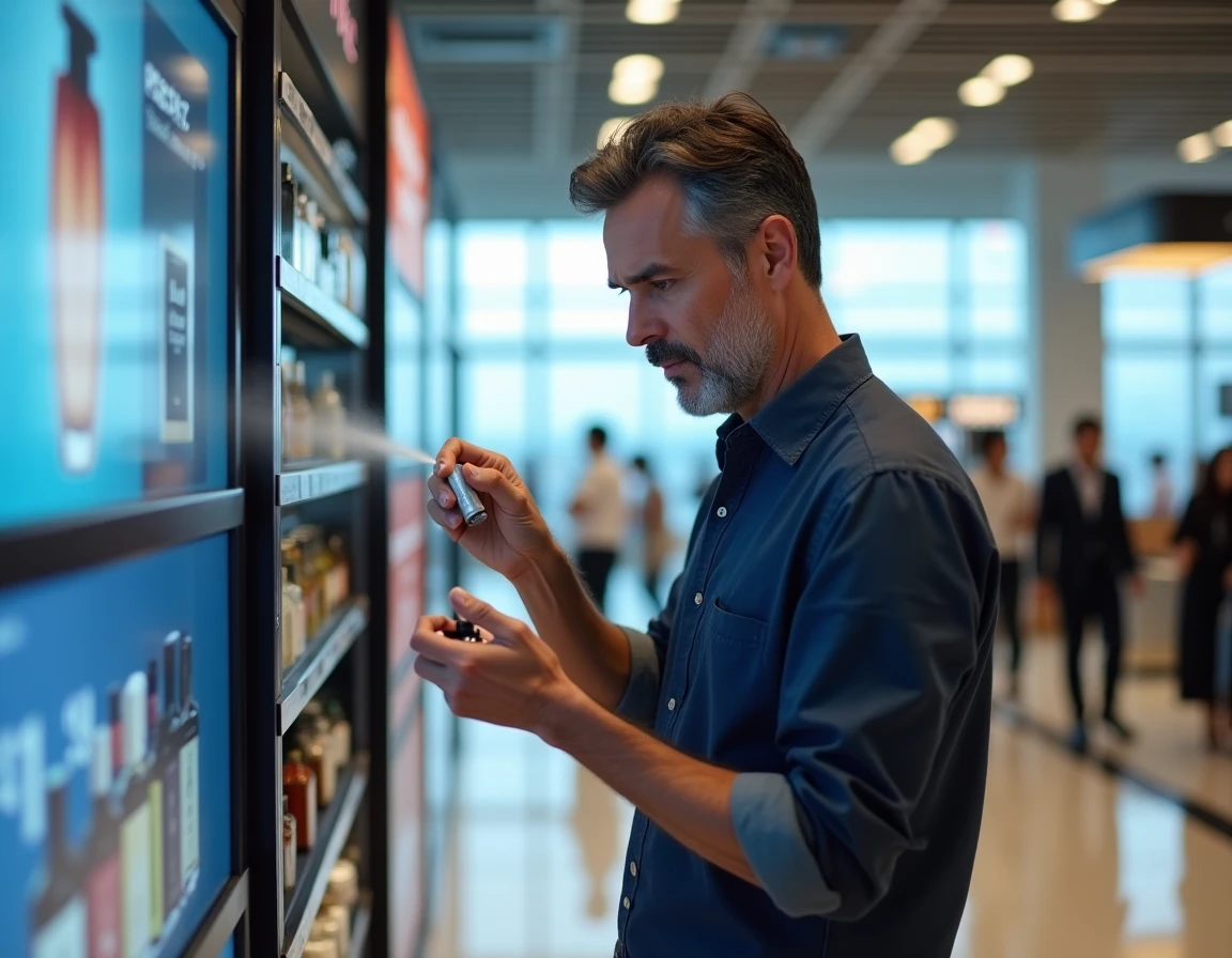 Homme testant un parfum en duty free dans un terminal d'aéroport international devant un mur de flacons