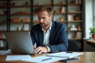 Homme d'âge moyen travaillant à son bureau à domicile