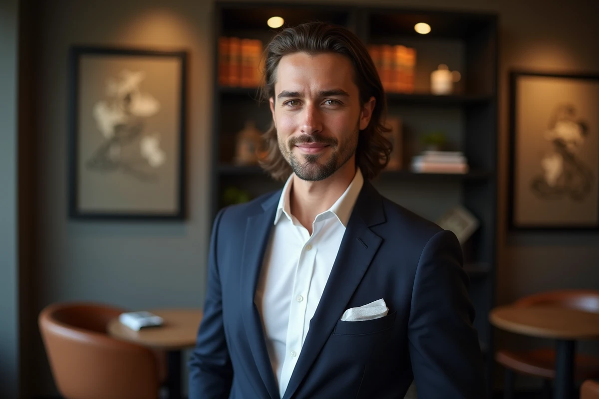 Homme bien habille en portrait dans un lounge urbain