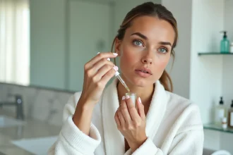 Femme appliquant une huile visage devant son miroir de salle de bain avec une expression dubitative, illustrant les doutes sur l'efficacité des huiles hydratantes