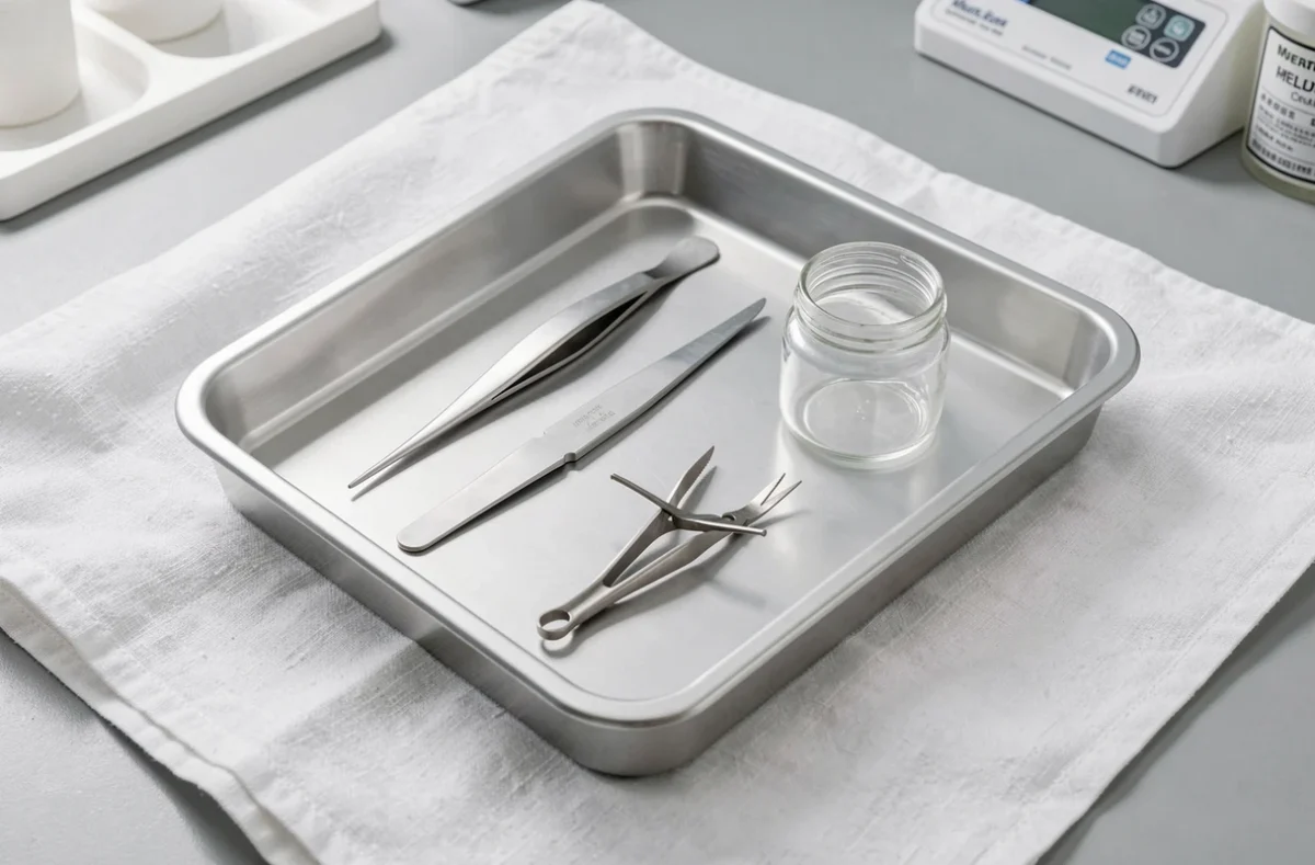 Instruments stériles d'exérèse posés sur un plateau de cabinet médical