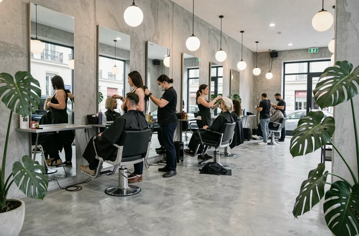 Vue panoramique de l'intérieur animé d'un grand salon de coiffure du Val-de-Marne