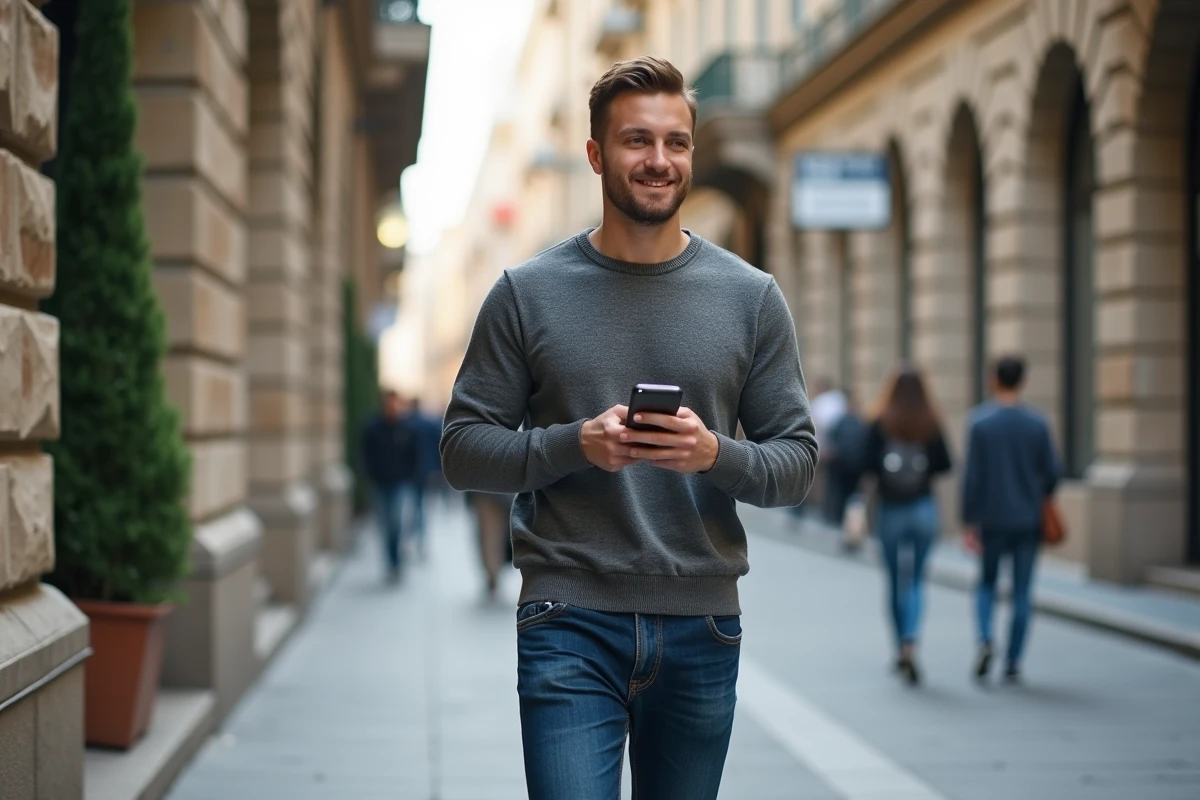 Jeune homme en jean décontracté marche en ville