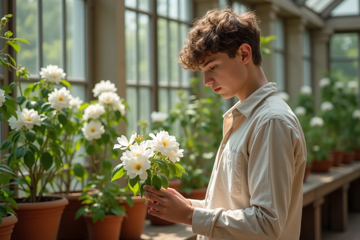 Jeune botaniste européen examinant du jasmin en serre