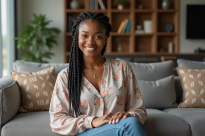 Jeune femme noire avec braids dans un salon cosy
