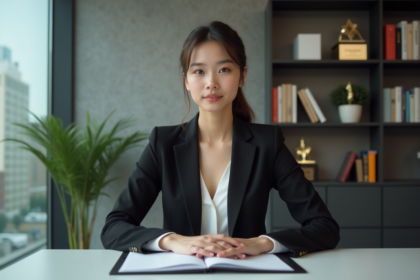 Jeune femme en blazer noir et blouse blanche au bureau