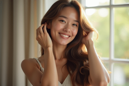 Jeune femme aux cheveux brillants et longs souriant