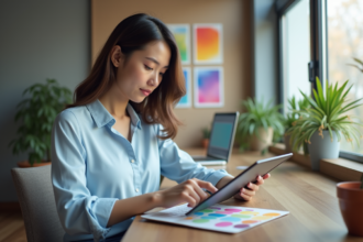 Jeune femme en bleu examine des échantillons de couleurs