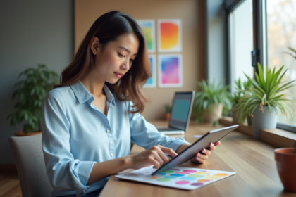 Jeune femme en bleu examine des échantillons de couleurs