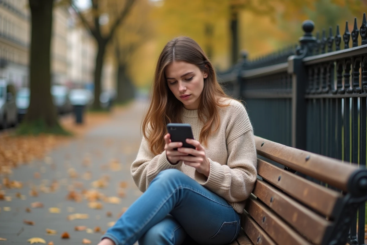 Jeune femme assise sur un banc dans un parc en automne