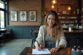 Jeune femme remplissant un formulaire dans un salon de tatouage moderne