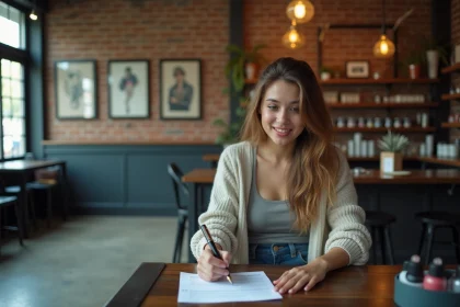 Jeune femme remplissant un formulaire dans un salon de tatouage moderne