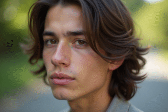 Jeune homme aux cheveux brillants en plein air