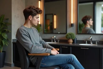 Jeune homme avec coupe tendance dans un salon moderne