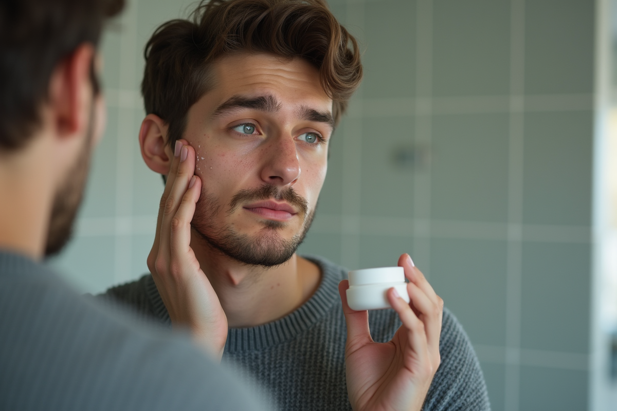 Jeune homme appliquant une creme sur le visage