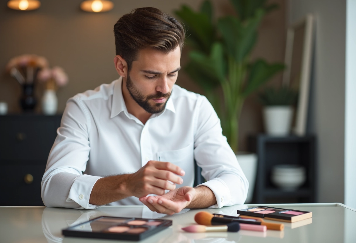 Jeune homme testant des produits de maquillage