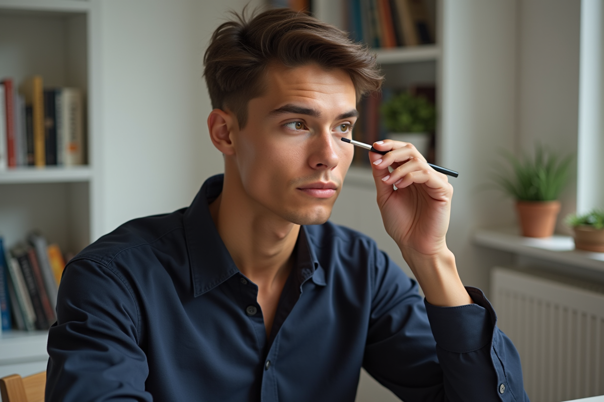 Jeune homme maquillant le regard dans une chambre moderne