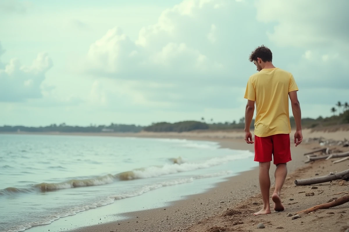 Jeune homme marche sur la plage en regardant ses pas