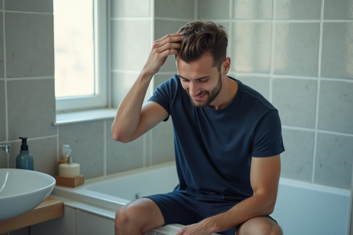 Jeune homme se massant le cuir chevelu dans une salle de bain moderne