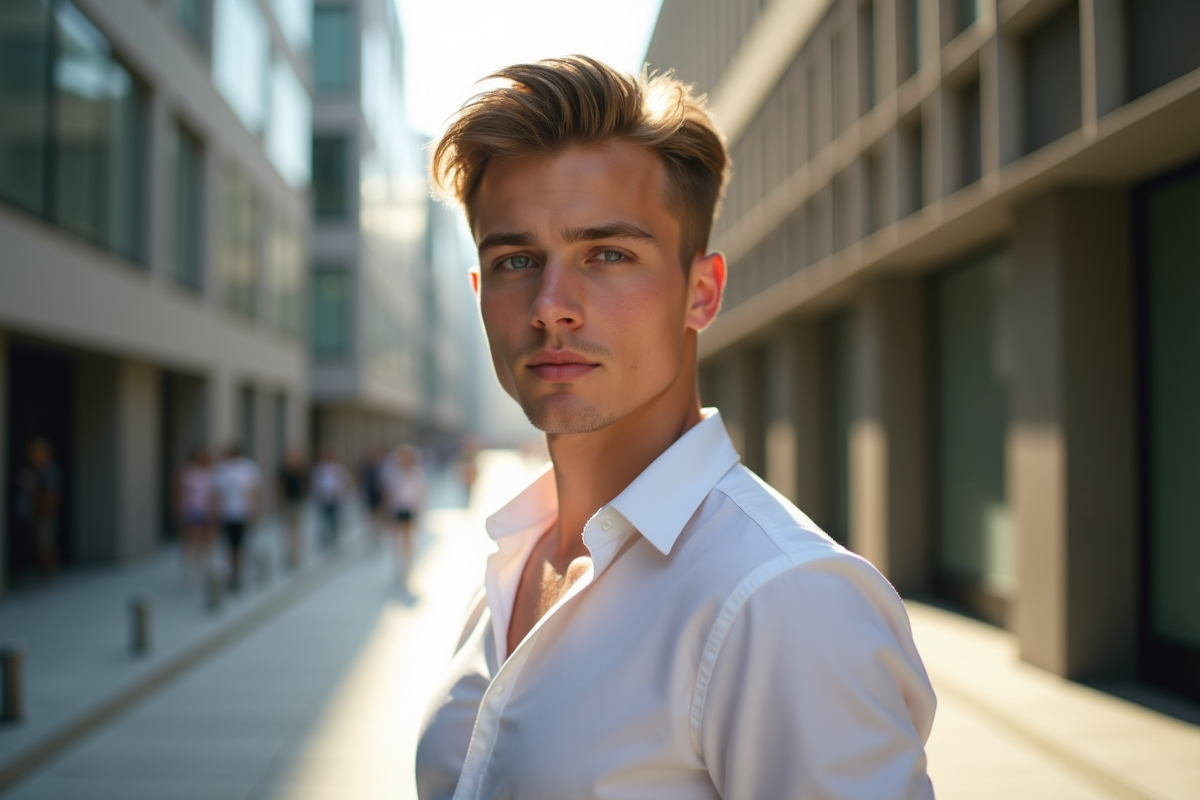 Jeune homme aux yeux bleus dans un environnement urbain ensoleille