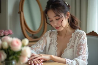 Jeune mariée admirant ses ongles en dentelle blanche