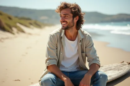 Jeune homme souriant sur la plage avec planche de surf