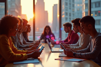Jeunes adultes avec smartphones dans un cadre urbain lumineux