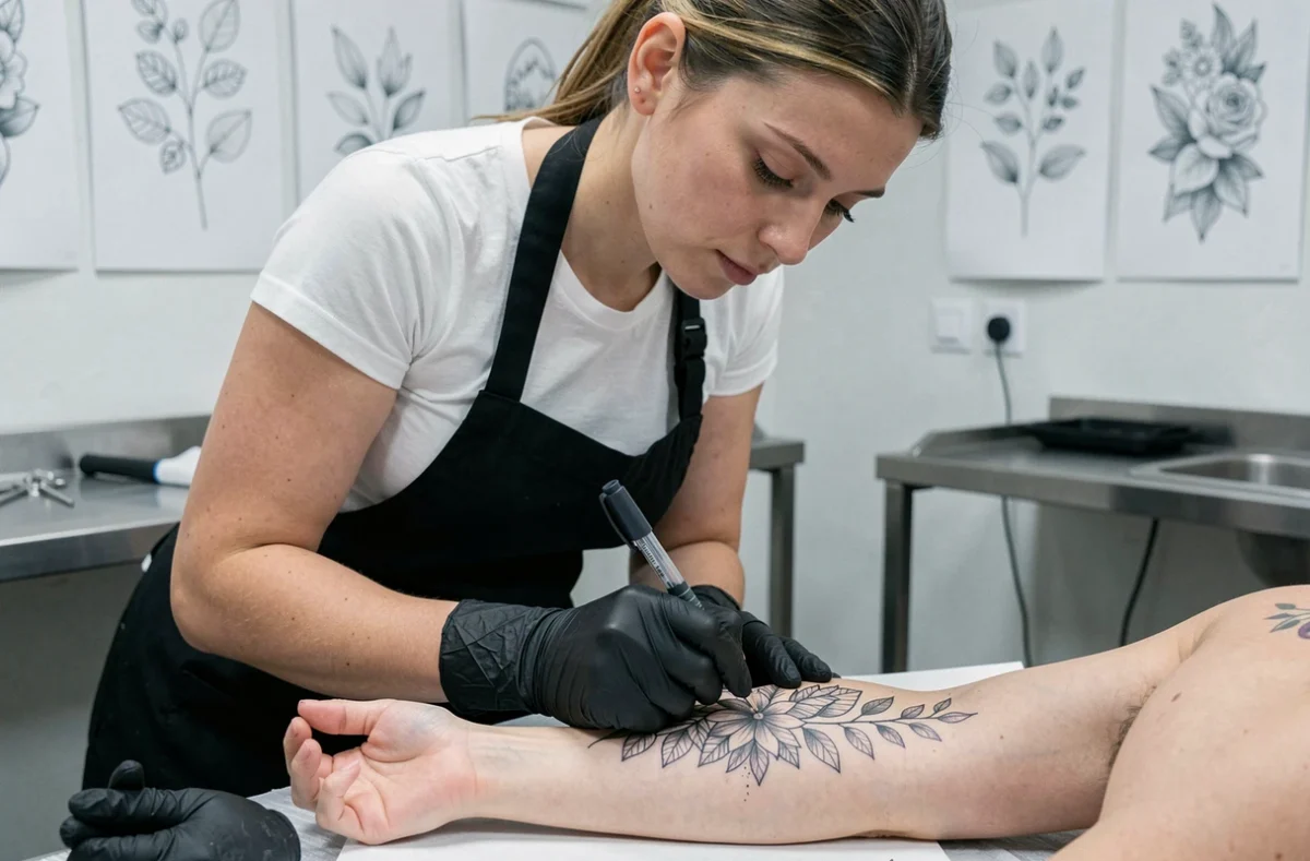 Artiste tatoueuse spécialisée en fine work concentrée sur un tatouage botanique en lignes fines sur l'avant-bras d'un client dans le studio Karbone à Marseille