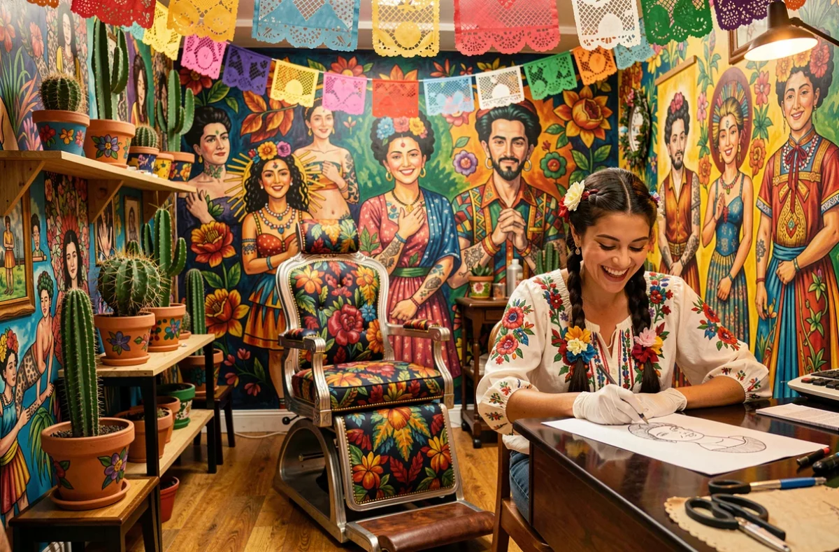 Studio créatif La Frida Loca Tattoo à Marseille, décor inspiré de Frida Kahlo avec murales colorées, papel picado et artiste aux cheveux tressés ornés de fleurs